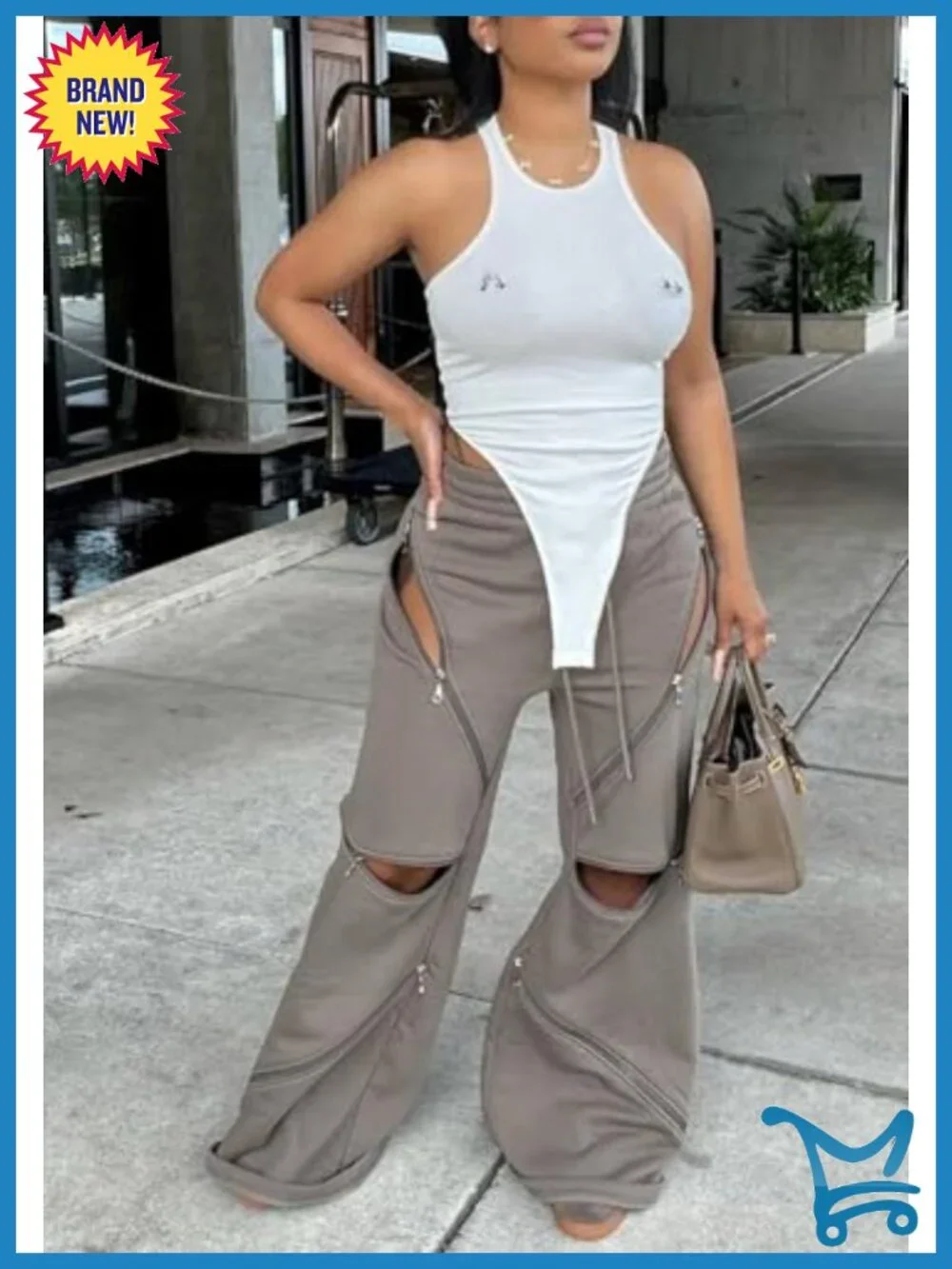 Wide Leg Baggy Sweatpants High Waisted Y2K Multi Zipper Drawstring Cargo Pants - Picture 4 of 6